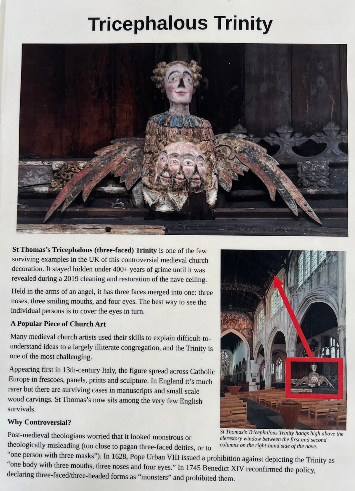 Photo of a guide to the tricephalous trinity inside St Thomas' Church