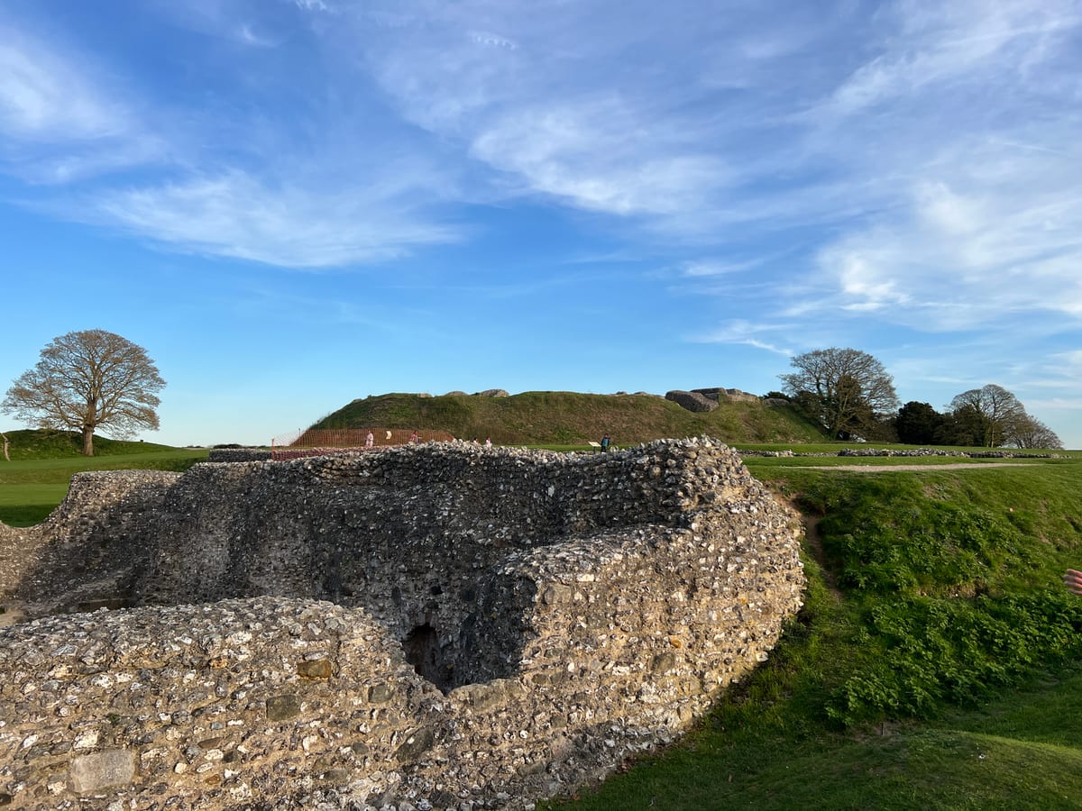 A view of Old Sarum's medieval castle ruins and the surrounding landscape
