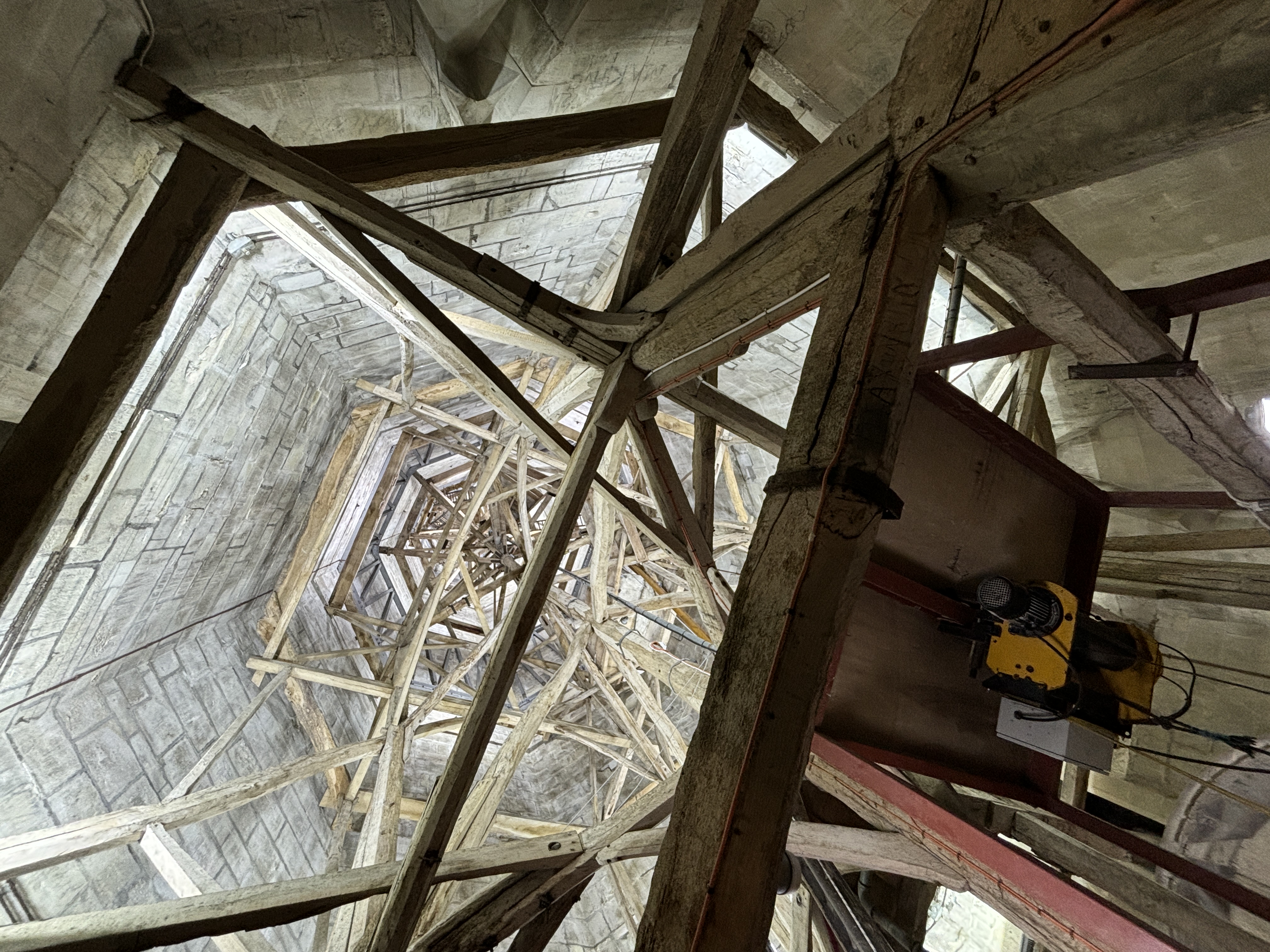 Ladders and wooden scafolding found inside of Salisbury Cathedral spire